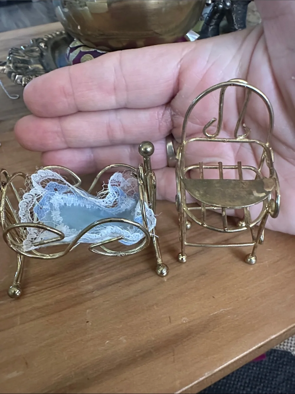 Brass Miniature Doll bassinet and high chair Set